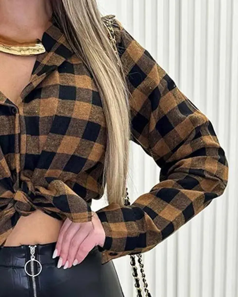 Plaid Pattern Button Down Shirts Long Sleeve Shackets Casual Blouse Top brown
