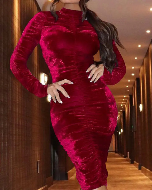 Velvet Mock Neck Ruched Bodycon Dress red