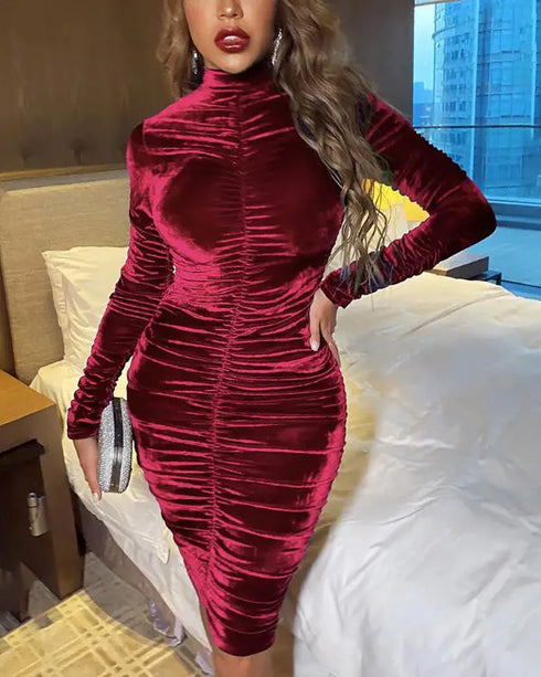 Velvet Mock Neck Ruched Bodycon Dress red