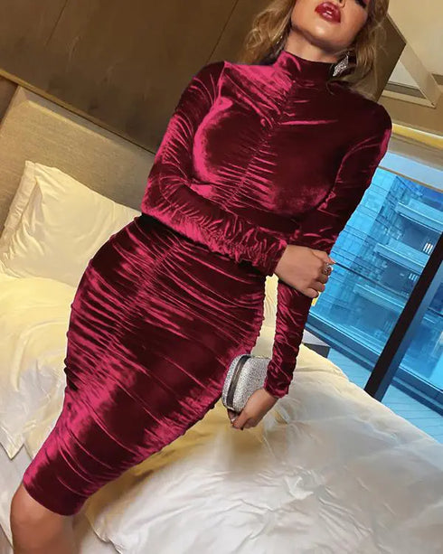 Velvet Mock Neck Ruched Bodycon Dress red