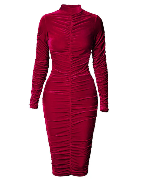 Velvet Mock Neck Ruched Bodycon Dress red