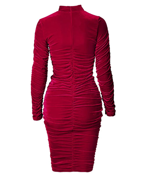 Velvet Mock Neck Ruched Bodycon Dress red
