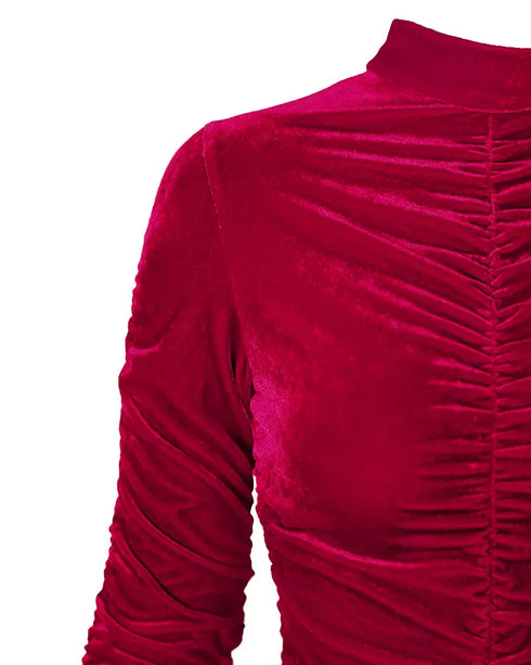 Velvet Mock Neck Ruched Bodycon Dress red