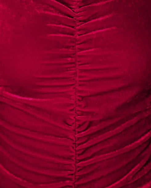 Velvet Mock Neck Ruched Bodycon Dress red