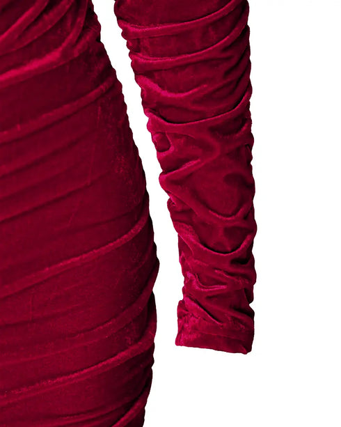 Velvet Mock Neck Ruched Bodycon Dress red