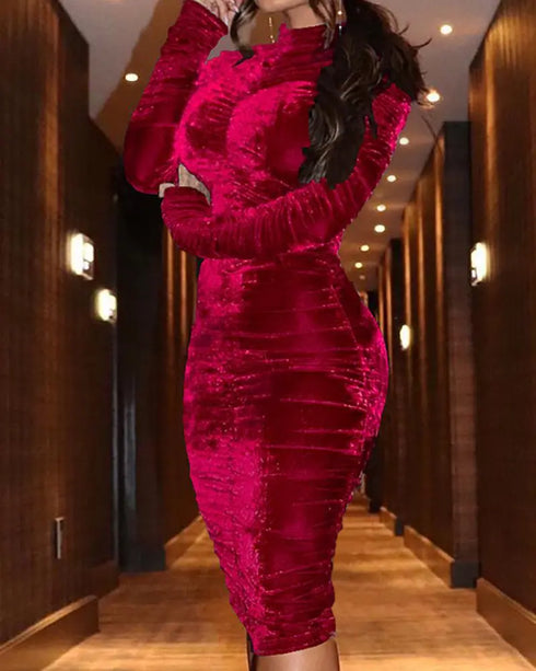 Velvet Mock Neck Ruched Bodycon Dress red