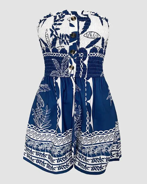 Floral Print Bandeau Shirred Romper Casual Button Decor Short Jumpsuit blue