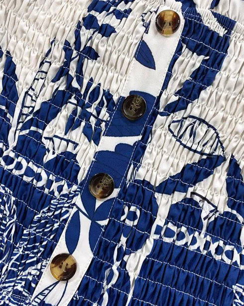 Floral Print Bandeau Shirred Romper Casual Button Decor Short Jumpsuit blue