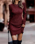 Round Neck Long Sleeve Knit Sweater Dress Pullover Slim Fit Ribbed Dress Wine red