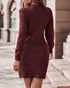Round Neck Long Sleeve Knit Sweater Dress Pullover Slim Fit Ribbed Dress Wine red