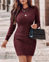 Round Neck Long Sleeve Knit Sweater Dress Pullover Slim Fit Ribbed Dress Wine red
