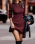 Round Neck Long Sleeve Knit Sweater Dress Pullover Slim Fit Ribbed Dress Wine red