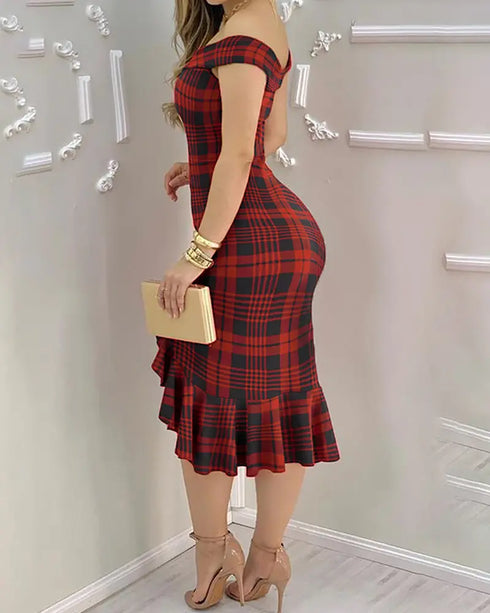 Plaid Off Shoulder Ruffle Hem Slit Dress red