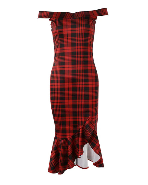 Plaid Off Shoulder Ruffle Hem Slit Dress red