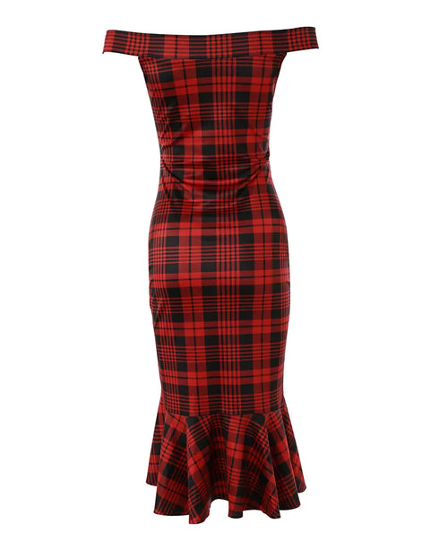 Plaid Off Shoulder Ruffle Hem Slit Dress red