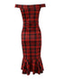 Plaid Off Shoulder Ruffle Hem Slit Dress red