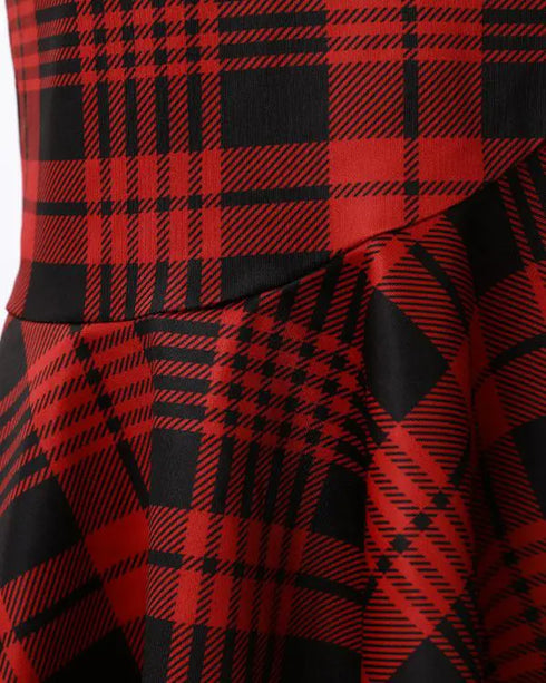 Plaid Off Shoulder Ruffle Hem Slit Dress red