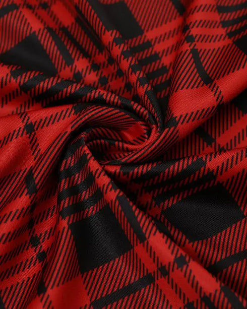 Plaid Off Shoulder Ruffle Hem Slit Dress red