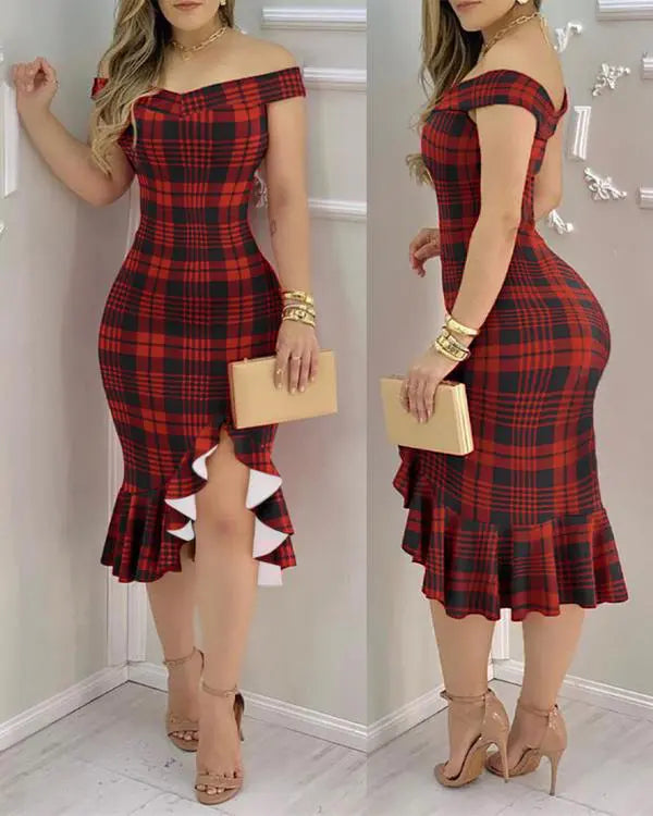 Plaid Off Shoulder Ruffle Hem Slit Dress red
