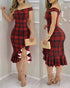 Plaid Off Shoulder Ruffle Hem Slit Dress red