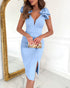 Bowknot Decor Deep V-Neck Sleeveless Slit Party Dress Ruched Zipper Back Slim Fit Midi Dress blue