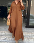 2 Pieces Outfit Turn-down Collar Turn-Up Sleeves Button Front Asymmetrical Hem Longline Blouse and Casual Elastic Waist Wide Leg Pants Set Dark Brown