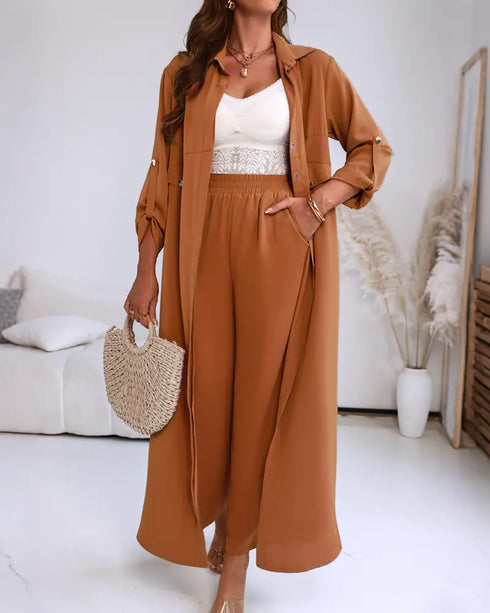 2 Pieces Outfit Turn-down Collar Turn-Up Sleeves Button Front Asymmetrical Hem Longline Blouse and Casual Elastic Waist Wide Leg Pants Set Dark Brown