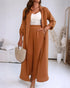 2 Pieces Outfit Turn-down Collar Turn-Up Sleeves Button Front Asymmetrical Hem Longline Blouse and Casual Elastic Waist Wide Leg Pants Set Dark Brown
