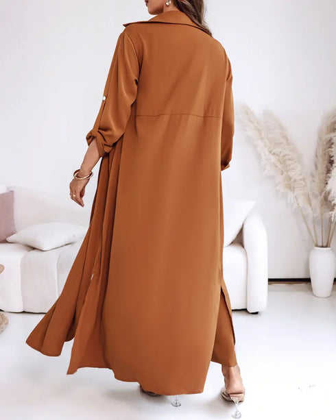 2 Pieces Outfit Turn-down Collar Turn-Up Sleeves Button Front Asymmetrical Hem Longline Blouse and Casual Elastic Waist Wide Leg Pants Set Dark Brown