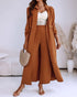 2 Pieces Outfit Turn-down Collar Turn-Up Sleeves Button Front Asymmetrical Hem Longline Blouse and Casual Elastic Waist Wide Leg Pants Set Dark Brown