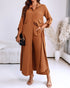 2 Pieces Outfit Turn-down Collar Turn-Up Sleeves Button Front Asymmetrical Hem Longline Blouse and Casual Elastic Waist Wide Leg Pants Set Dark Brown