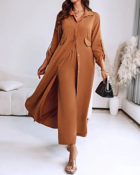 2 Pieces Outfit Turn-down Collar Turn-Up Sleeves Button Front Asymmetrical Hem Longline Blouse and Casual Elastic Waist Wide Leg Pants Set Dark Brown