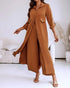 2 Pieces Outfit Turn-down Collar Turn-Up Sleeves Button Front Asymmetrical Hem Longline Blouse and Casual Elastic Waist Wide Leg Pants Set Dark Brown