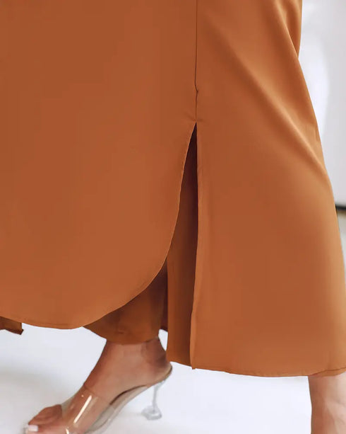 2 Pieces Outfit Turn-down Collar Turn-Up Sleeves Button Front Asymmetrical Hem Longline Blouse and Casual Elastic Waist Wide Leg Pants Set Dark Brown