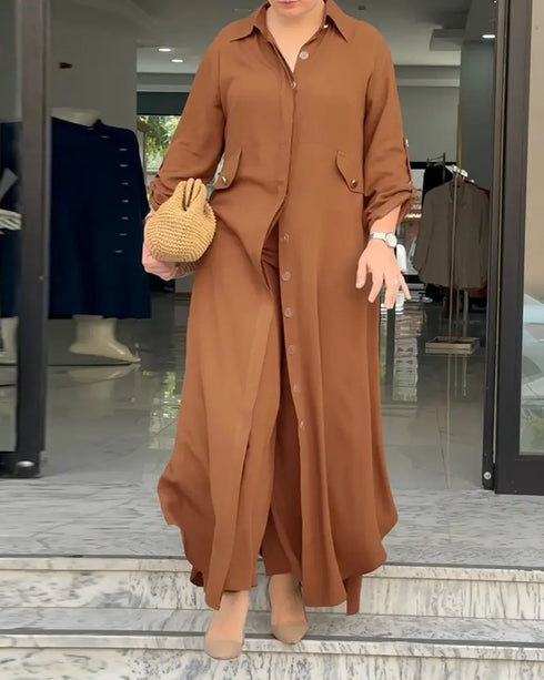 2 Pieces Outfit Turn-down Collar Turn-Up Sleeves Button Front Asymmetrical Hem Longline Blouse and Casual Elastic Waist Wide Leg Pants Set Dark Brown