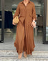 2 Pieces Outfit Turn-down Collar Turn-Up Sleeves Button Front Asymmetrical Hem Longline Blouse and Casual Elastic Waist Wide Leg Pants Set Dark Brown