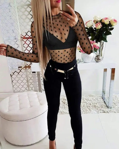 Glitter Lurex Mock Neck T Shirt Casual Sheer Mesh Slim Fit Blouse Top black