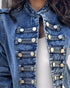 Button Decor Stand Collar Long Sleeve Jacket Casual Denim Coat blue