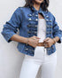 Button Decor Stand Collar Long Sleeve Jacket Casual Denim Coat blue
