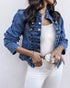 Button Decor Stand Collar Long Sleeve Jacket Casual Denim Coat blue