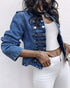 Button Decor Stand Collar Long Sleeve Jacket Casual Denim Coat blue