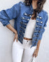 Button Decor Stand Collar Long Sleeve Jacket Casual Denim Coat blue