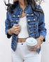 Button Decor Stand Collar Long Sleeve Jacket Casual Denim Coat blue
