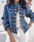 Button Decor Stand Collar Long Sleeve Jacket Casual Denim Coat blue