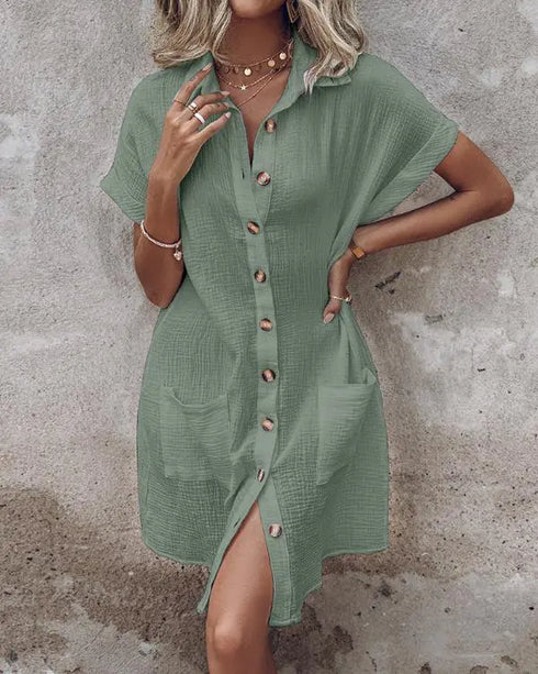 Turn-down Collar Short Sleeve Dress Casual Button Dress with Pocket green