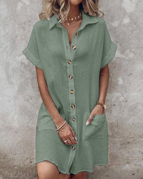 Turn-down Collar Short Sleeve Dress Casual Button Dress with Pocket green