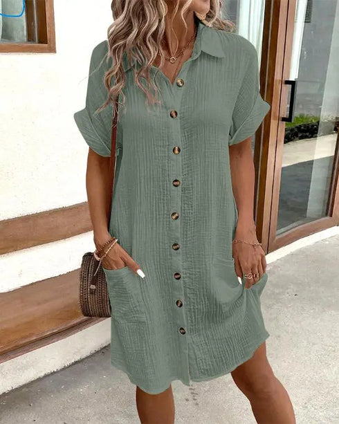 Turn-down Collar Short Sleeve Dress Casual Button Dress with Pocket green