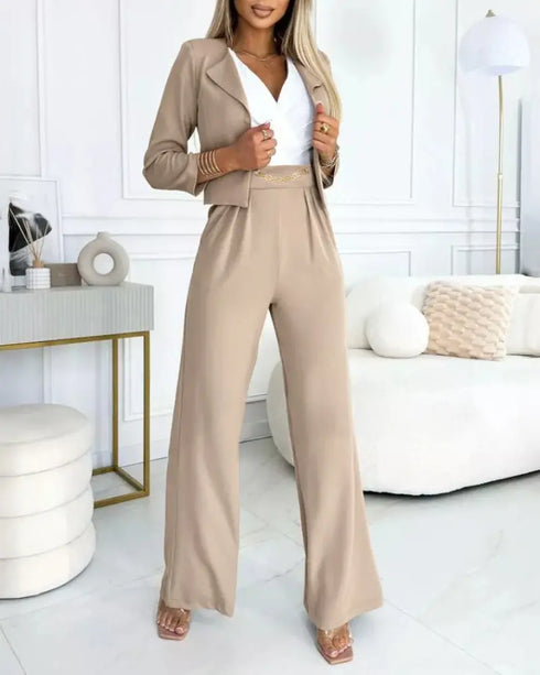 2 Pieces Outfit Metal Chain Decor Overlap V-Neck Ruched Cap Sleeve Zipper Side Elastic Back Waist Jumpsuit and Open Front Three Quarters Crop Coat Set khaki