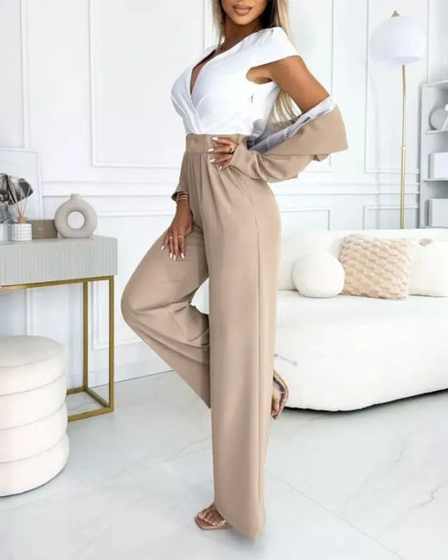 2 Pieces Outfit Metal Chain Decor Overlap V-Neck Ruched Cap Sleeve Zipper Side Elastic Back Waist Jumpsuit and Open Front Three Quarters Crop Coat Set khaki