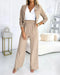 2 Pieces Outfit Metal Chain Decor Overlap V-Neck Ruched Cap Sleeve Zipper Side Elastic Back Waist Jumpsuit and Open Front Three Quarters Crop Coat Set khaki